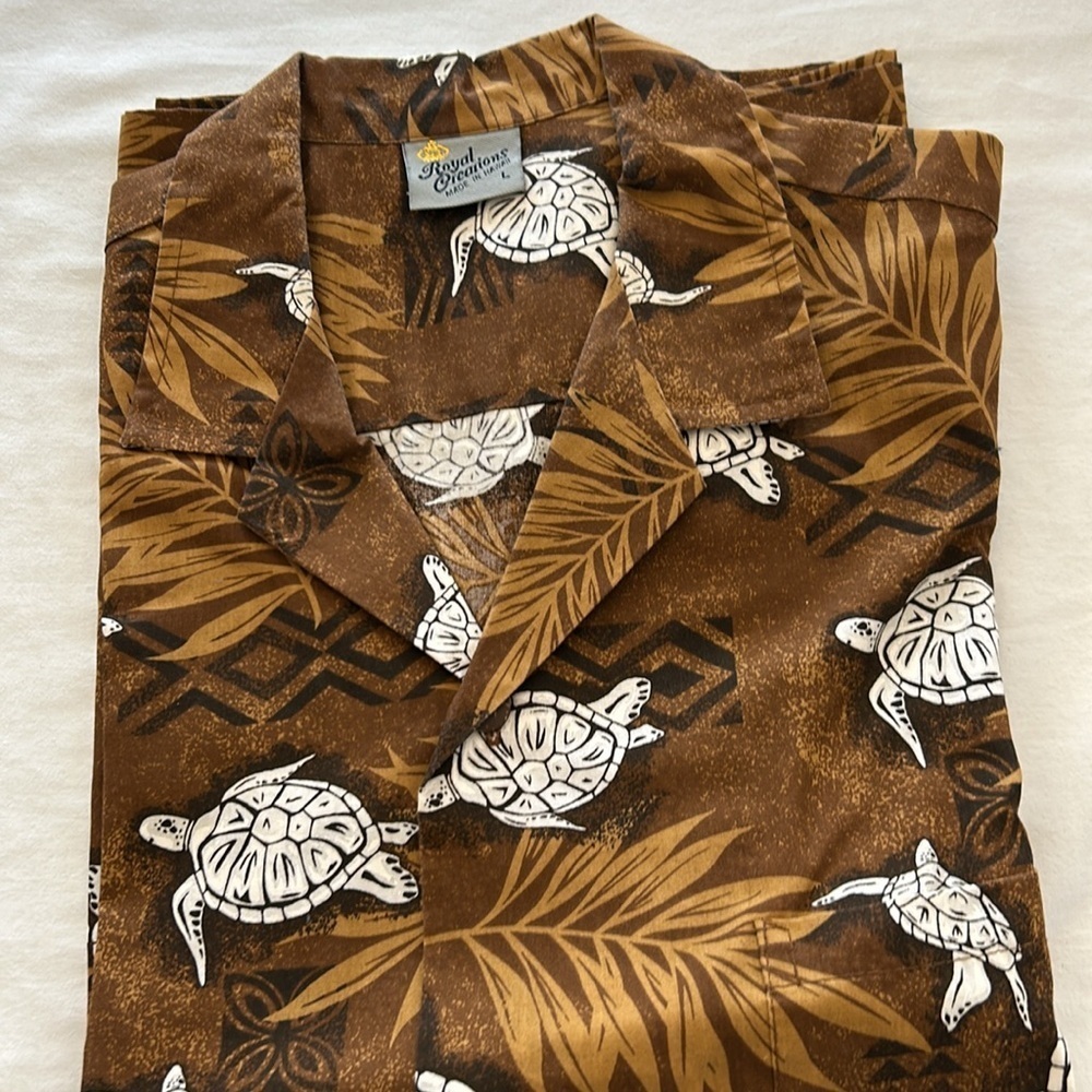 Royal Creations Mens Brown/Tan Turtle Hawaiian Short Sleeve Shirt Sz L - Picture 2 of 10